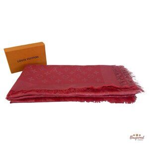 Authentic Louis Vuitton Pink/Fuchsia Silk/Wool Monogram Shawl Scarf 55x55
